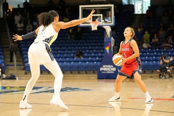 Satou Sabally of the Dallas Wings plays defense on Leilani Mitchell of the Washington Mystics on June 26, 2021 at the College Park Center in...