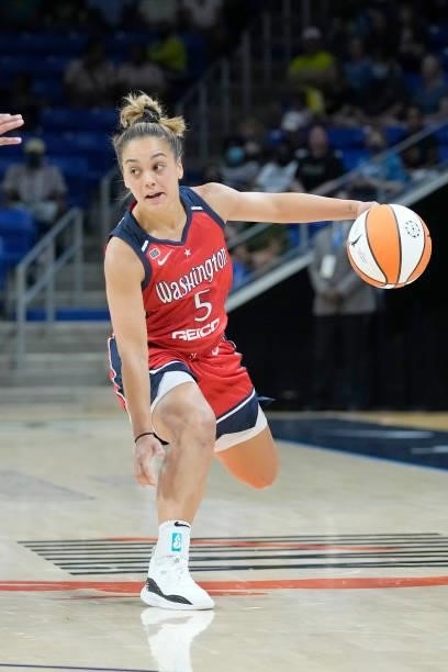 Leilani Mitchell of the Washington Mystics handles the ball against the Dallas Wings on June 26, 2021 at the College Park Center in Arlington, Texas....