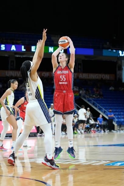 Theresa Plaisance of the Washington Mystics shoots the ball against the Dallas Wings on June 26, 2021 at the College Park Center in Arlington, Texas....