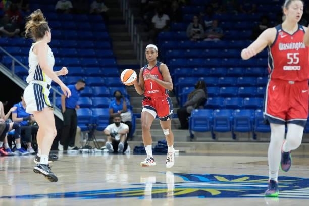 Kiara Leslie of the Washington Mystics dribbles the ball against the Dallas Wings on June 26, 2021 at the College Park Center in Arlington, Texas....