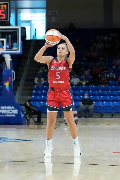 Leilani Mitchell of the Washington Mystics shoots the ball against the Dallas Wings on June 26, 2021 at the College Park Center in Arlington, Texas....
