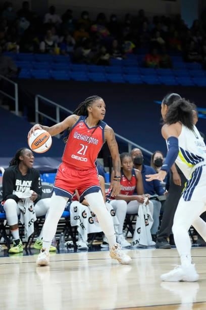 Shavonte Zellous of the Washington Mystics handles the ball against the Dallas Wings on June 26, 2021 at the College Park Center in Arlington, Texas....
