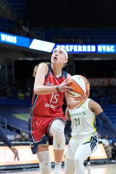 Sydney Wiese of the Washington Mystics drives to the basket against the Dallas Wings on June 26, 2021 at the College Park Center in Arlington, Texas....