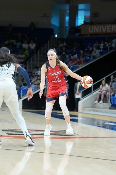 Sydney Wiese of the Washington Mystics handles the ball against the Dallas Wings on June 26, 2021 at the College Park Center in Arlington, Texas....