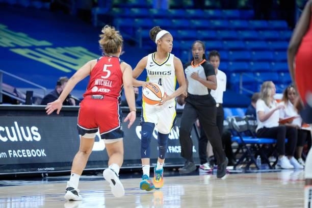 Moriah Jefferson of the Dallas Wings handles the ball against the Washington Mystics on June 26, 2021 at the College Park Center in Arlington, Texas....