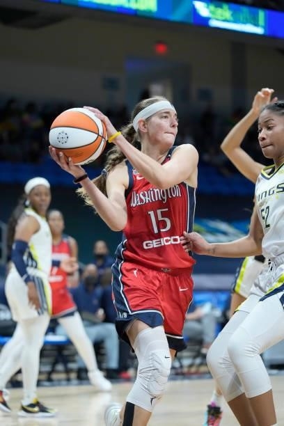 Sydney Wiese of the Washington Mystics handles the ball against the Dallas Wings on June 26, 2021 at the College Park Center in Arlington, Texas....
