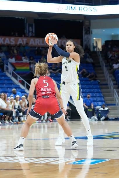 Leilani Mitchell of the Washington Mystics plays defense on Satou Sabally of the Dallas Wings on June 26, 2021 at the College Park Center in...