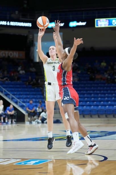 Marina Mabrey of the Dallas Wings shoots the ball against the Washington Mystics on June 26, 2021 at the College Park Center in Arlington, Texas....