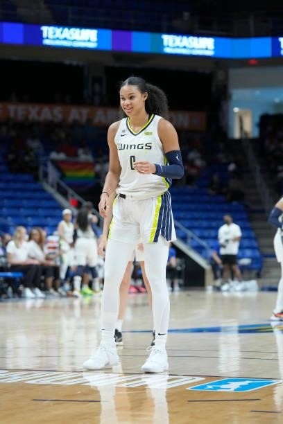 Satou Sabally of the Dallas Wings smiles during the game against the Washington Mystics on June 26, 2021 at the College Park Center in Arlington,...