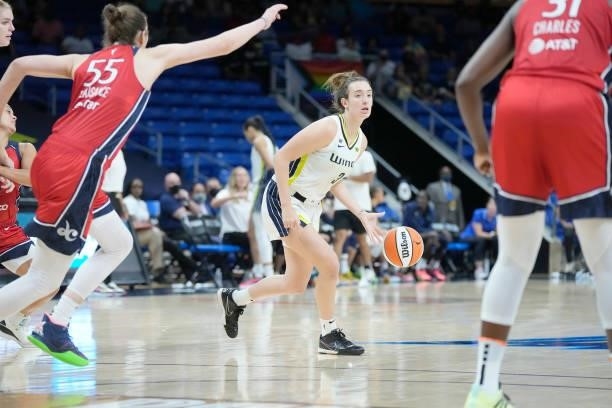 Marina Mabrey of the Dallas Wings dribbles the ball against the Washington Mystics on June 26, 2021 at the College Park Center in Arlington, Texas....