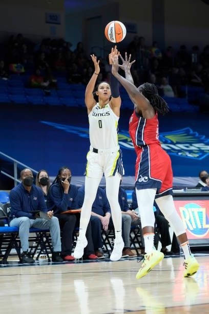 Satou Sabally of the Dallas Wings shoots the ball against the Washington Mystics on June 26, 2021 at the College Park Center in Arlington, Texas....