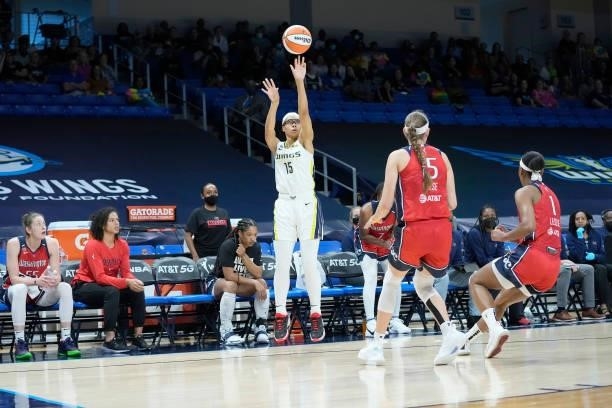 Allisha Gray of the Dallas Wings shoots the ball against the Washington Mystics on June 26, 2021 at the College Park Center in Arlington, Texas. NOTE...