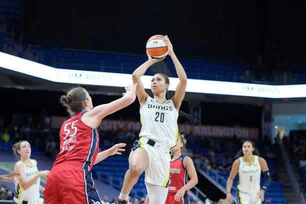 Isabelle Harrison of the Dallas Wings shoots the ball against the Washington Mystics on June 26, 2021 at the College Park Center in Arlington, Texas....