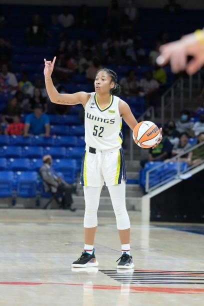 Tyasha Harris of the Dallas Wings handles the ball against the Washington Mystics on June 26, 2021 at the College Park Center in Arlington, Texas....