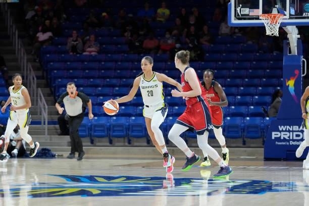 Isabelle Harrison of the Dallas Wings dribbles the ball against the Washington Mystics on June 26, 2021 at the College Park Center in Arlington,...