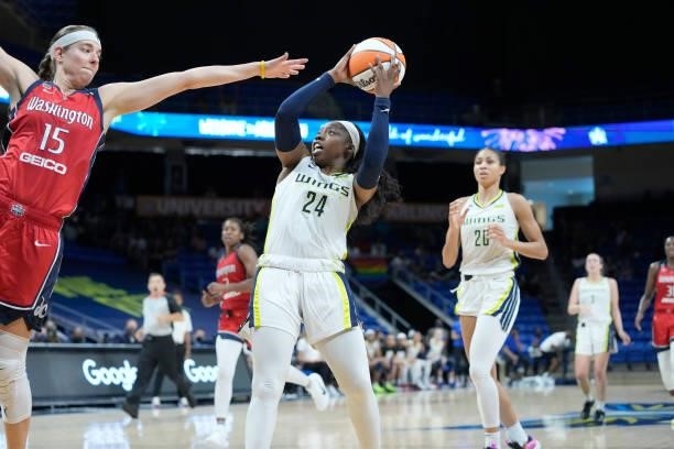 Arike Ogunbowale of the Dallas Wings looks to shoot the ball against the Washington Mystics on June 26, 2021 at the College Park Center in Arlington,...