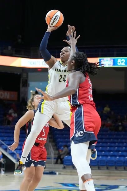 Arike Ogunbowale of the Dallas Wings shoots the ball against the Washington Mystics on June 26, 2021 at the College Park Center in Arlington, Texas....