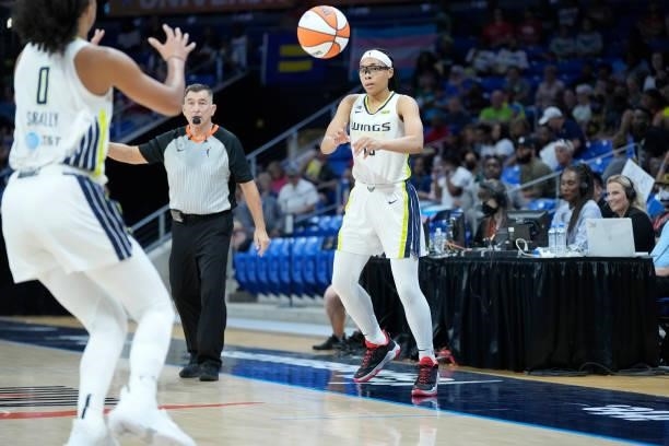 Allisha Gray of the Dallas Wings passes the ball during the game against the Washington Mystics on June 26, 2021 at the College Park Center in...