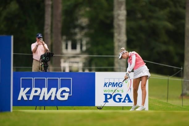 Nelly Korda hits her tee shot on hte 16th hole during the third round for the 2021 KPMG Women's Championship at the Atlanta Athletic Club on June 26,...