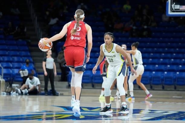 Tyasha Harris of the Dallas Wings plays defense on Sydney Wiese of the Washington Mystics on June 26, 2021 at the College Park Center in Arlington,...