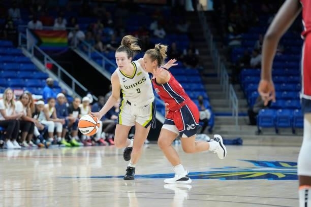Leilani Mitchell of the Washington Mystics plays defense on Marina Mabrey of the Dallas Wings on June 26, 2021 at the College Park Center in...