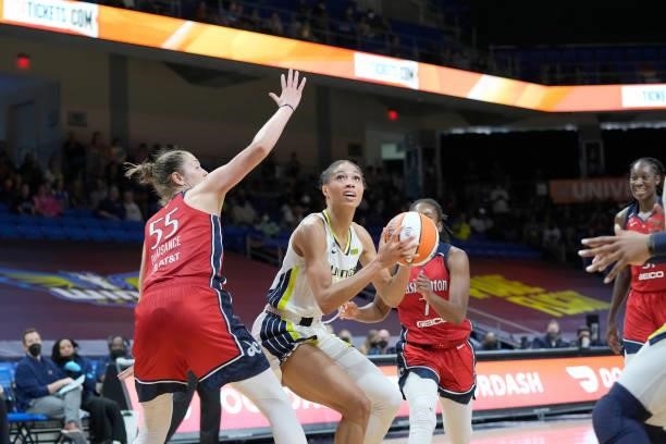 Isabelle Harrison of the Dallas Wings looks to shoot the ball against the Washington Mystics on June 26, 2021 at the College Park Center in...