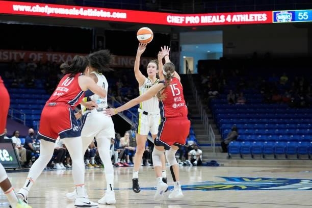 Marina Mabrey of the Dallas Wings shoots the ball against the Washington Mystics on June 26, 2021 at the College Park Center in Arlington, Texas....