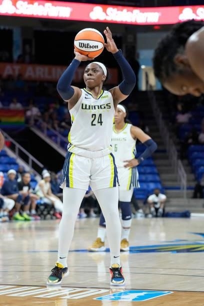 Arike Ogunbowale of the Dallas Wings shoots a free throw against the Washington Mystics on June 26, 2021 at the College Park Center in Arlington,...