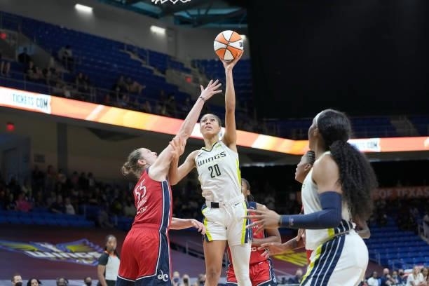 Isabelle Harrison of the Dallas Wings shoots the ball against the Washington Mystics on June 26, 2021 at the College Park Center in Arlington, Texas....