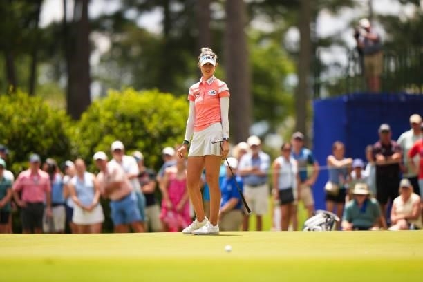 Nelly Korda makes her putt on the 14th hole during the third round for the 2021 KPMG Women's Championship at the Atlanta Athletic Club on June 26,...