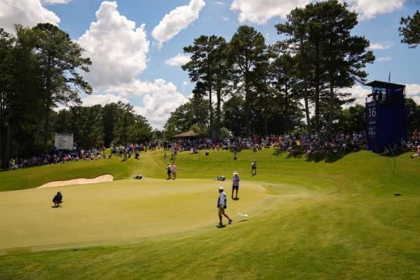 Lizette Salas reads her putt on the 16th hole during the third round for the 2021 KPMG Women's Championship at the Atlanta Athletic Club on June 26,...
