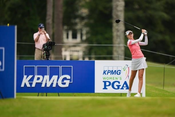 Nelly Korda hits her tee shot on the 16th hole during the third round for the 2021 KPMG Women's Championship at the Atlanta Athletic Club on June 26,...