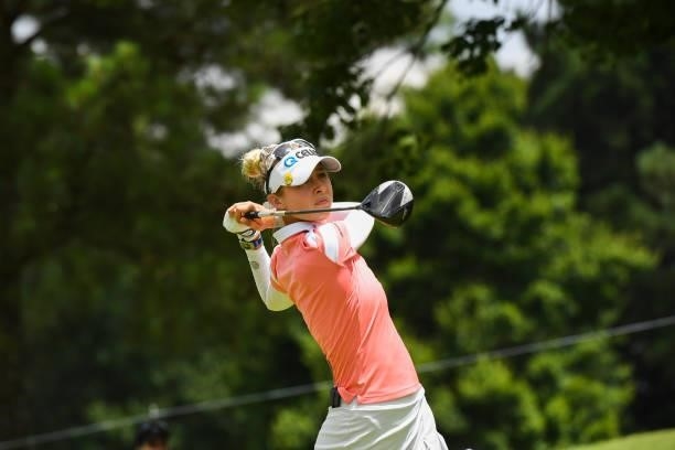 Nelly Korda hits her tee shot on the eighth hole during the third round for the 2021 KPMG Women's Championship at the Atlanta Athletic Club on June...