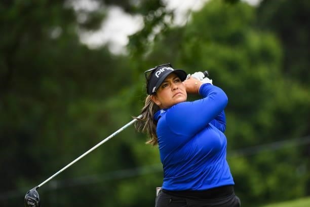 Lizette Salas hits her tee shot on the eighth hole during the third round for the 2021 KPMG Women's Championship at the Atlanta Athletic Club on June...