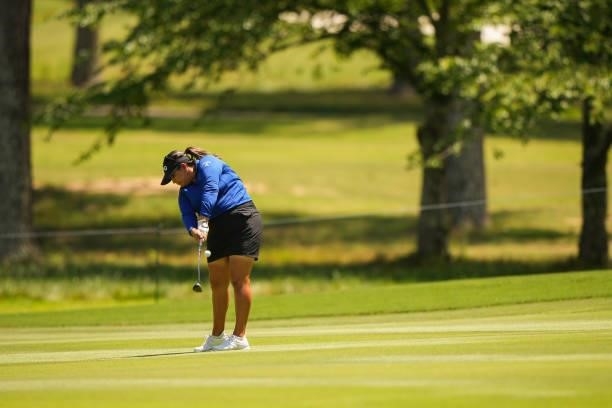 Lizette Salas hits out of the fairway on the 16th hole during the third round for the 2021 KPMG Women's Championship at the Atlanta Athletic Club on...