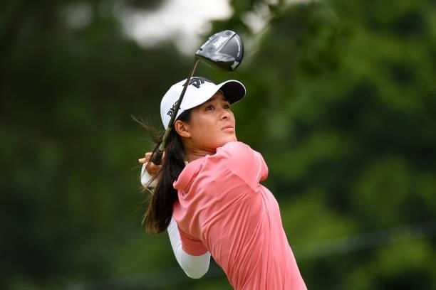 Celine Boutier of France hits her tee shot on the eighth hole during the third round for the 2021 KPMG Women's Championship at the Atlanta Athletic...
