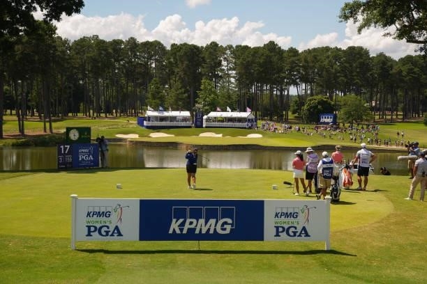 Lizette Salas hits her tee shot on the 17th hole during the third round for the 2021 KPMG Women's Championship at the Atlanta Athletic Club on June...