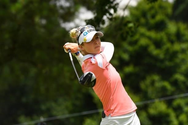 Nelly Korda hits her tee shot on the eighth hole during the third round for the 2021 KPMG Women's Championship at the Atlanta Athletic Club on June...