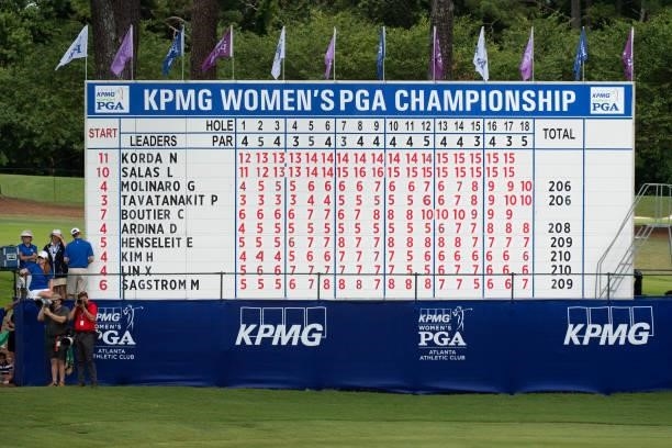 The leaderboard on the 18th hole during the third round for the 2021 KPMG Women's Championship at the Atlanta Athletic Club on June 26, 2021 in Johns...
