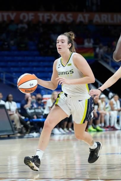 Marina Mabrey of the Dallas Wings dribbles the ball against the Washington Mystics on June 26, 2021 at the College Park Center in Arlington, Texas....