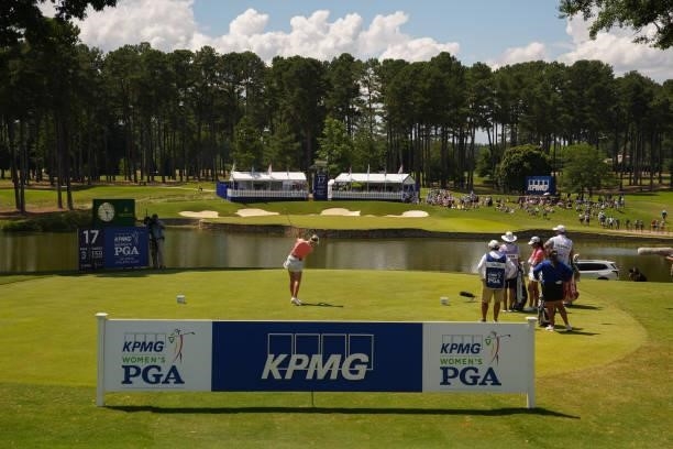 Nelly Korda hits her tee shot on the 17th hole during the third round for the 2021 KPMG Women's Championship at the Atlanta Athletic Club on June 26,...