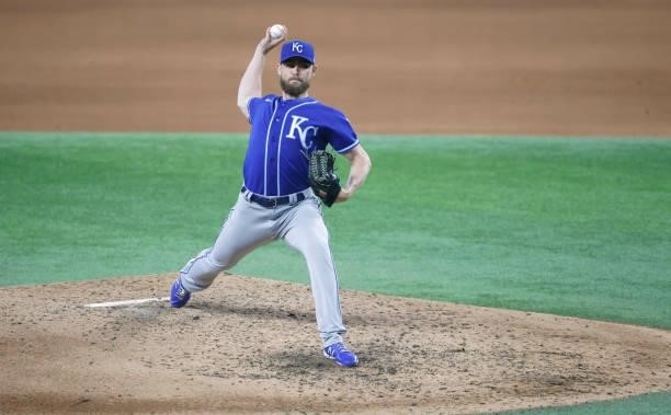 Josh Staumont of the Kansas City Royals pitches against the Texas Rangers during the sixth inning at Globe Life Field on June 26, 2021 in Arlington,...