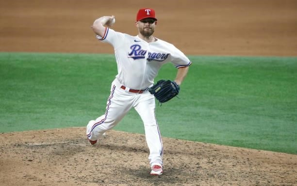 Ian Kennedy of the Texas Rangers pitches against the Kansas City Royals during the ninth inning at Globe Life Field on June 26, 2021 in Arlington,...