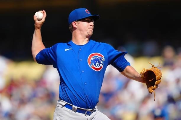 Alec Mills of the Chicago Cubs pitches during the game between the Chicago Cubs and the Los Angeles Dodgers at Dodgers Stadium on Saturday, June 26,...