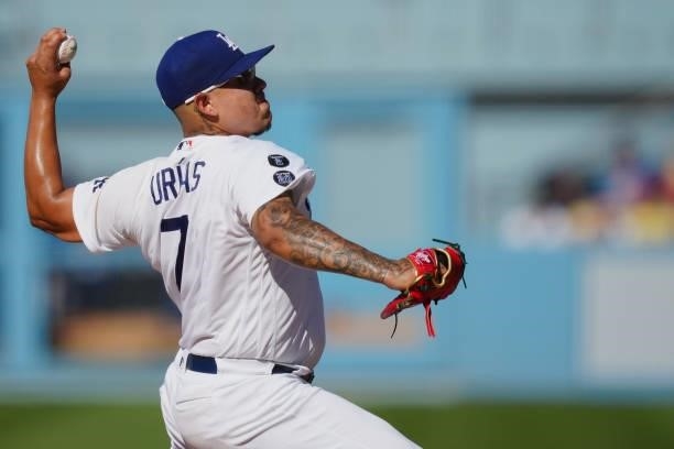 Julio Urías of the Los Angeles Dodgers pitches during the game between the Chicago Cubs and the Los Angeles Dodgers at Dodgers Stadium on Saturday,...