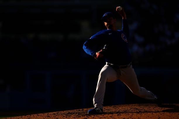 Brad Wieck of the Chicago Cubs pitches during the game between the Chicago Cubs and the Los Angeles Dodgers at Dodgers Stadium on Saturday, June 26,...