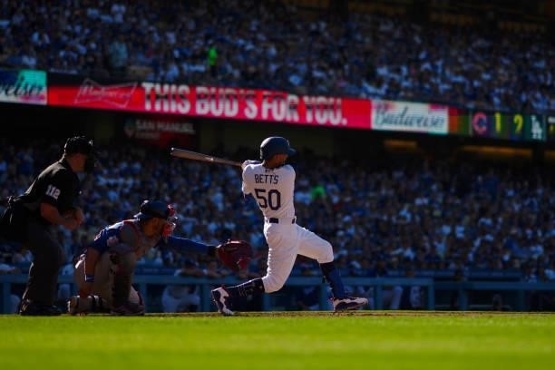 Mookie Betts of the Los Angeles Dodgers bats during the game between the Chicago Cubs and the Los Angeles Dodgers at Dodgers Stadium on Saturday,...