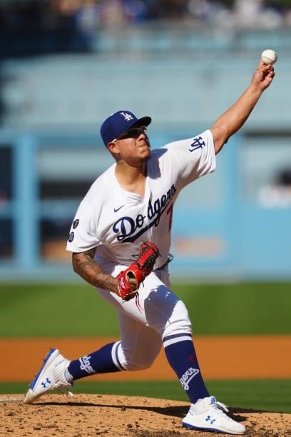 Julio Urías of the Los Angeles Dodgers pitches during the game between the Chicago Cubs and the Los Angeles Dodgers at Dodgers Stadium on Saturday,...