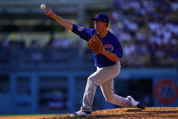 Alec Mills of the Chicago Cubs pitches during the game between the Chicago Cubs and the Los Angeles Dodgers at Dodgers Stadium on Saturday, June 26,...