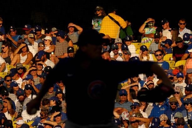 Fans look on as Dan Winkler of the Chicago Cubs pitches during the game between the Chicago Cubs and the Los Angeles Dodgers at Dodgers Stadium on...